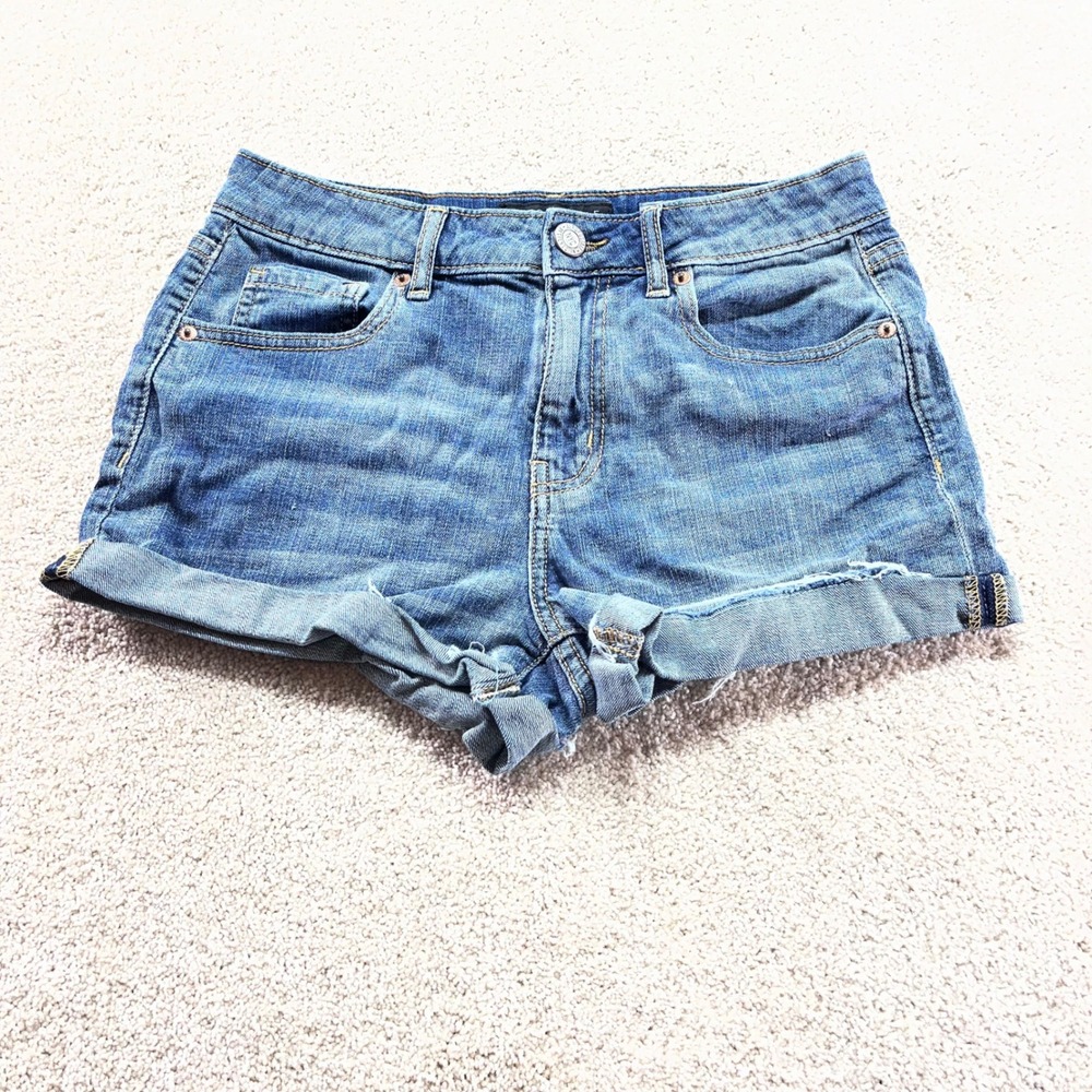 Aeropostale Denim Shorts Womens 4 Blue High Wasted Shorty Raw Hem Cuffed